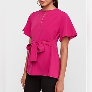 Express Tie Front Short Flutter Sleeve Keyhole Cut-Out Blouse Fuscia Size M